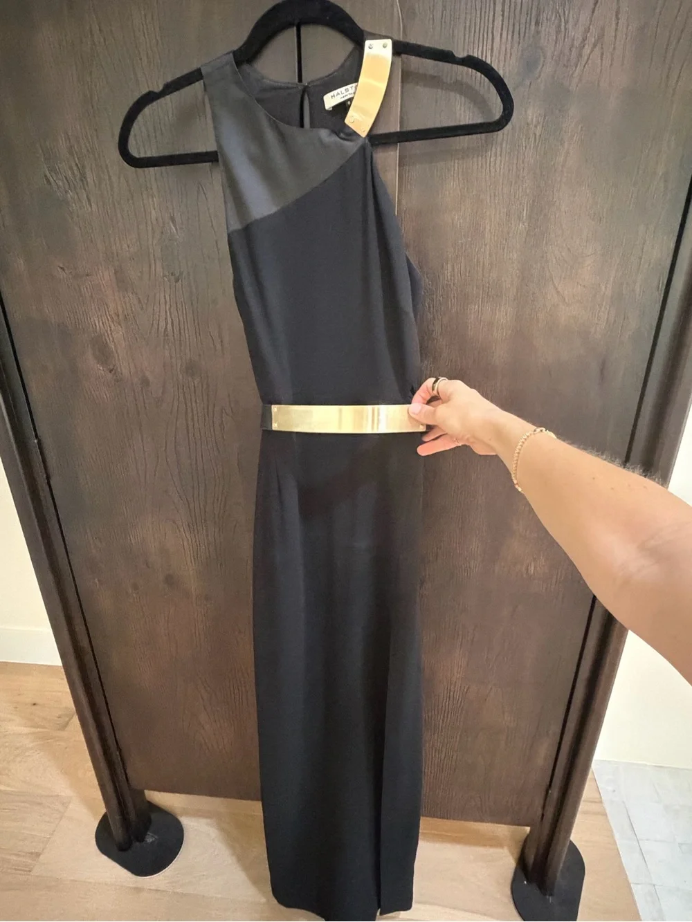 Halston Heritage Black One-Shoulder Gown with Gold Waistband - Picture 5 of 9